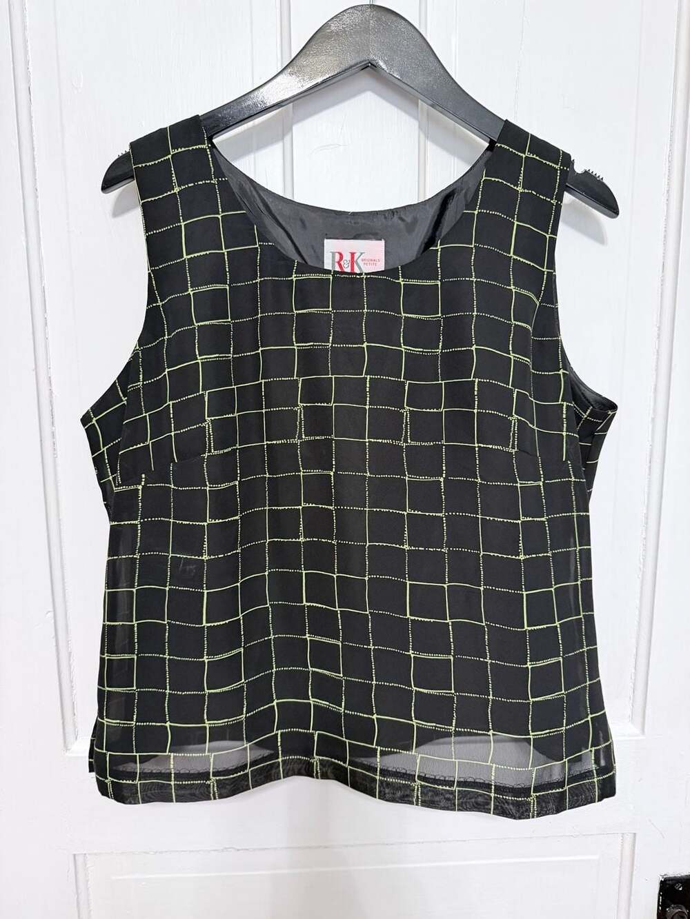 R&K Originals Petite Black Sleeveless Blouse w/Lime Green Grid Pattern, Size 14P
